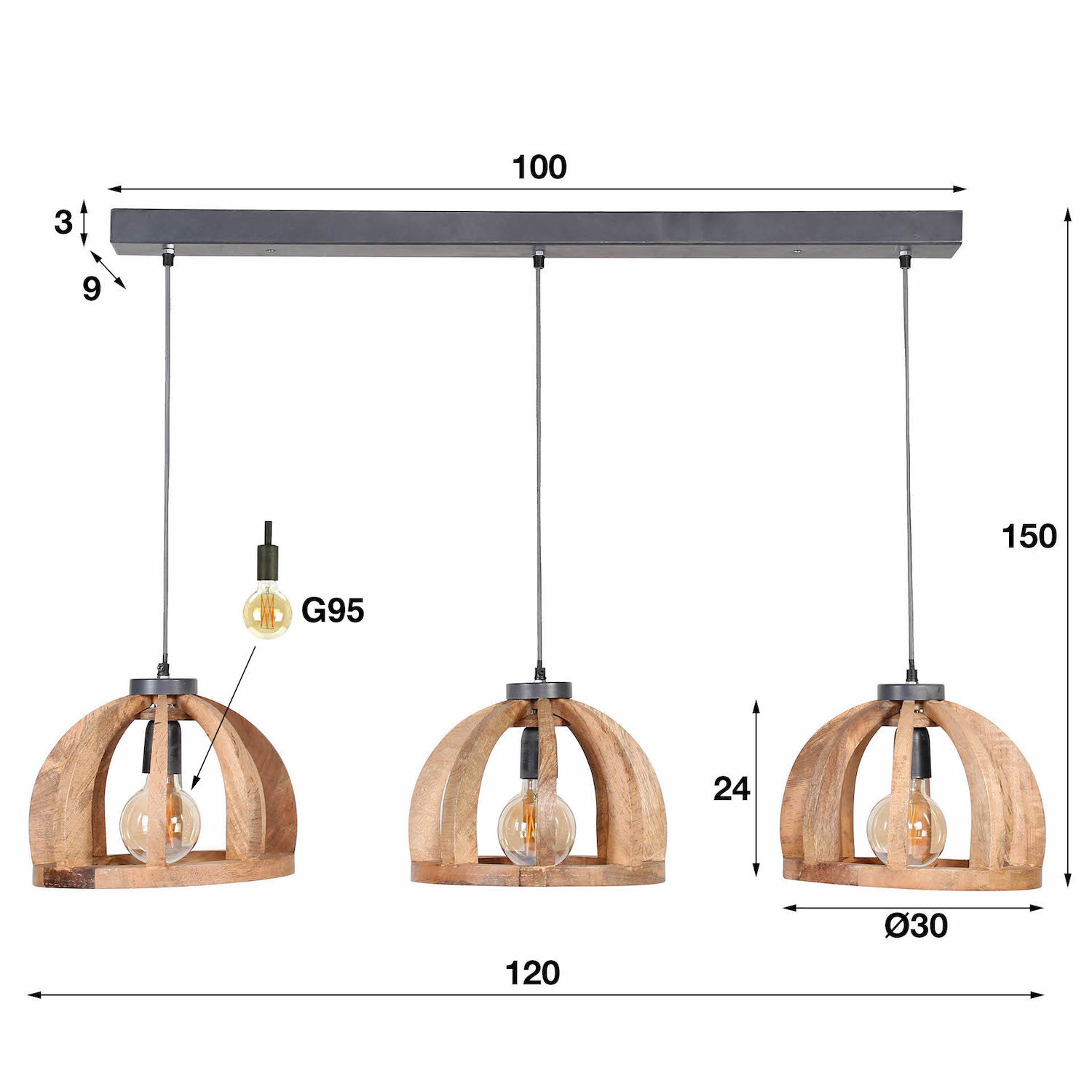 Suspension Bois Dome, 3 abat-jours