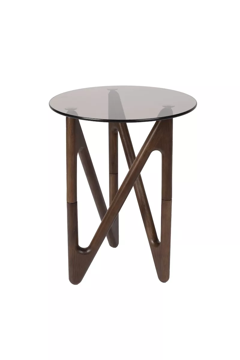 NAIA - Table d'appoint ronde en bois et verre fumé D40