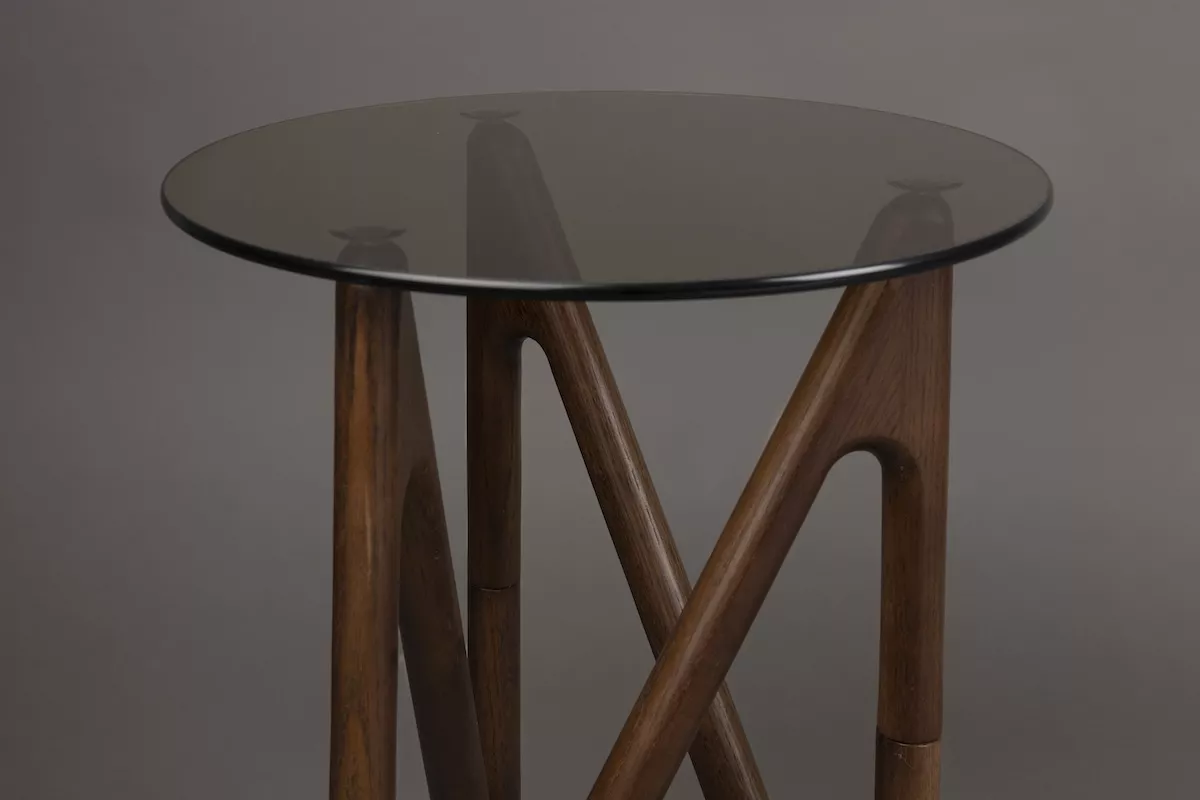 NAIA - Table d'appoint ronde en bois et verre fumé D40