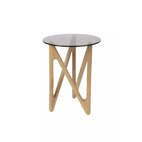 NAIA - Table d'appoint ronde en bois clair et verre fumé D40