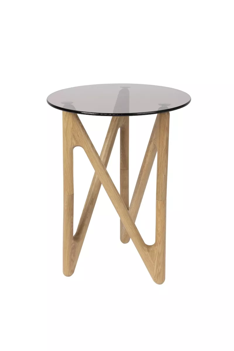 NAIA - Table d'appoint ronde en bois clair et verre fumé D40