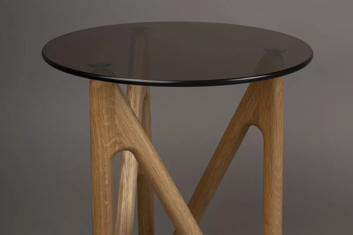 NAIA - Table d'appoint ronde en bois clair et verre fumé D40